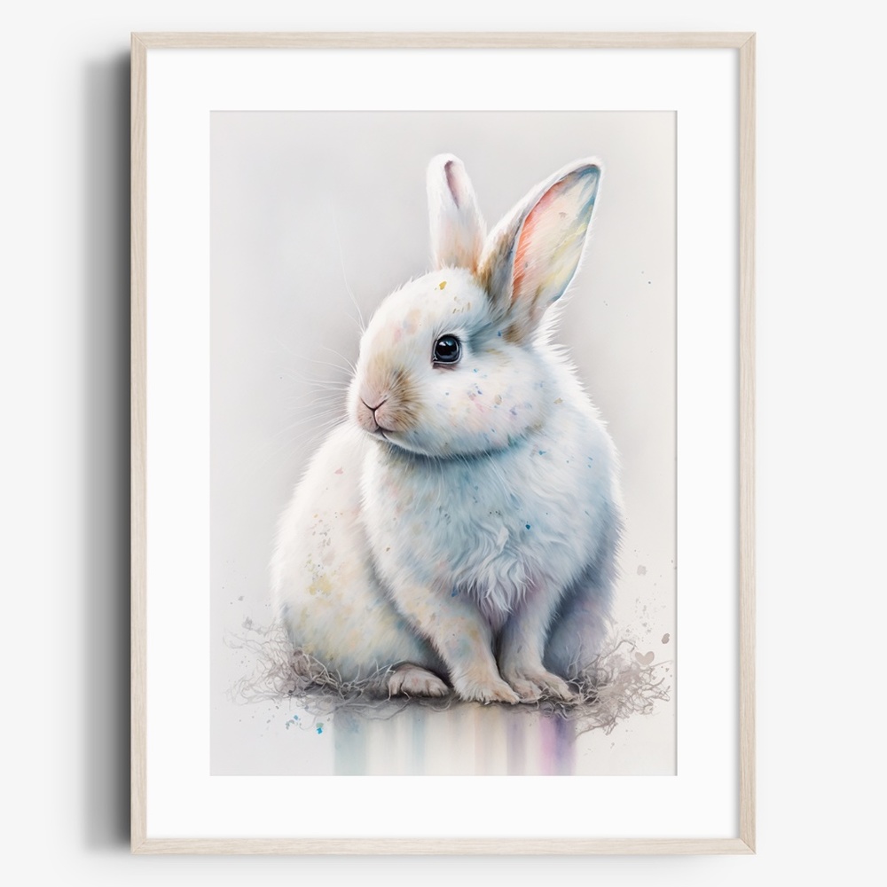 Cute Floral White Bunny Watercolor Wall Art Illustration Print Poster Unframed